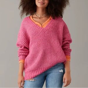 NWT AE Whoa So Cozy Waffle V-Neck Sweater Pink M
